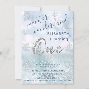 Adorable winter wonderland glitter  first birthday invitation