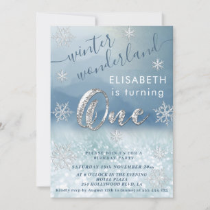 Adorable winter wonderland glitter  first birthday invitation