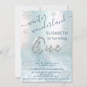 Adorable winter wonderland glitter  first birthday invitation
