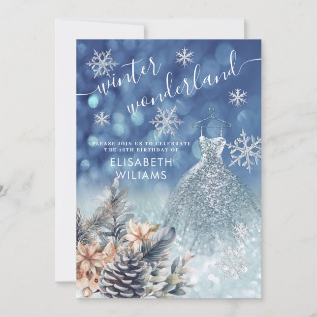Adorable winter wonderland glitter ombre sweet 16  invitation (Front)