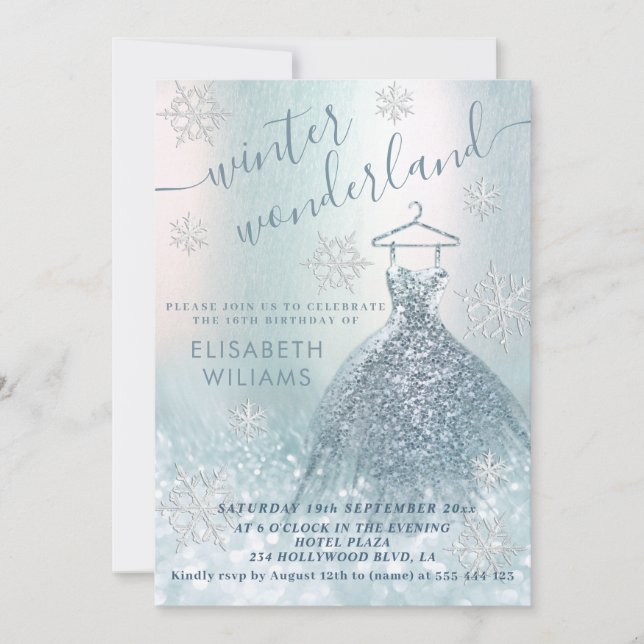 Adorable winter wonderland glitter ombre sweet 16  invitation (Front)