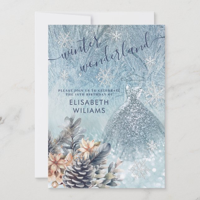 Adorable winter wonderland glitter ombre sweet 16  invitation (Front)
