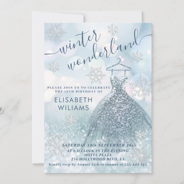 Adorable winter wonderland glitter ombre sweet 16  invitation (Front)