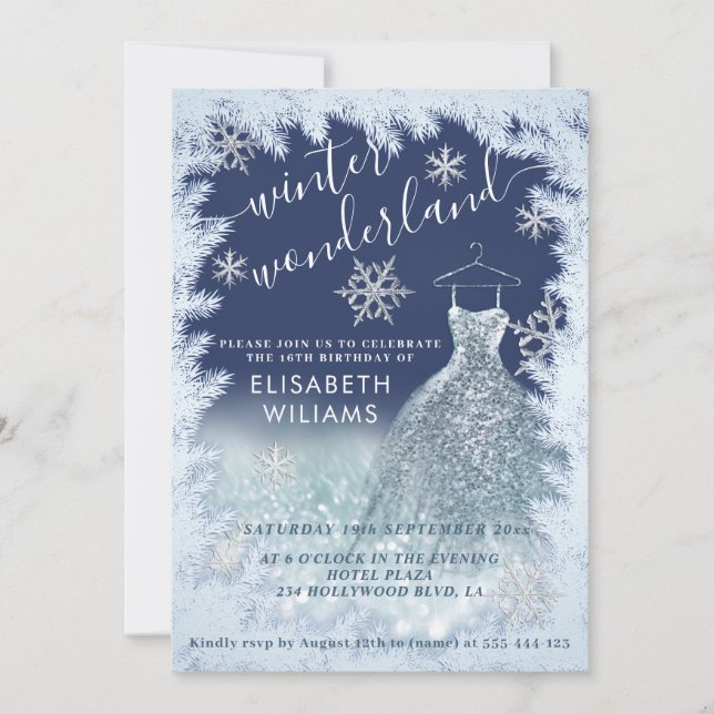 Adorable winter wonderland glitter ombre sweet 16  invitation (Front)