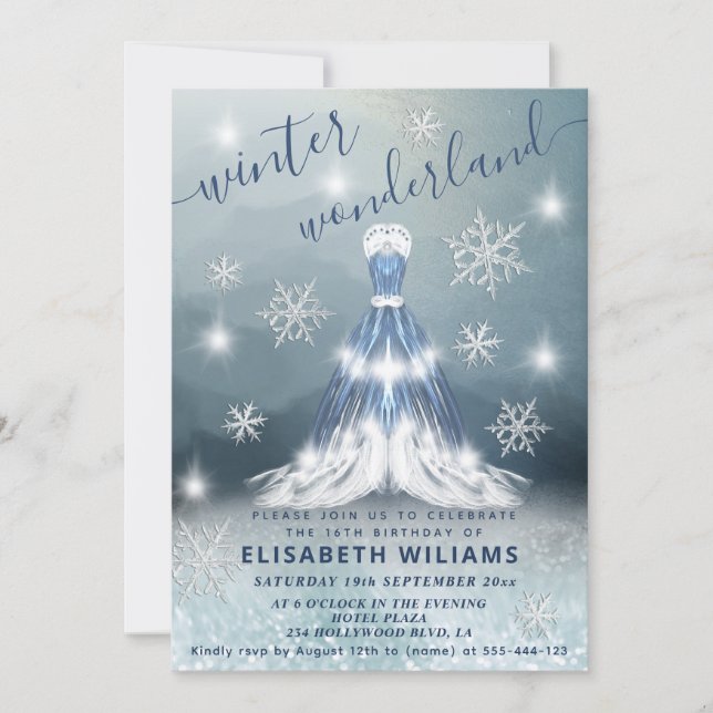 Adorable winter wonderland princess dress sweet 16 invitation (Front)