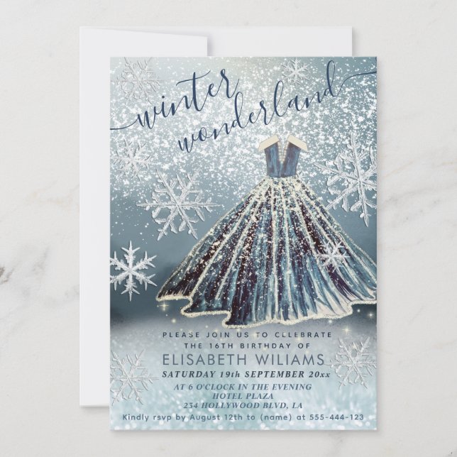 Adorable winter wonderland princess dress sweet 16 invitation (Front)