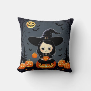 Adorable Witch and Pumpkins Cushion