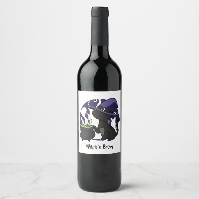 Adorable Witch Black Cat Witches Brew Wine Label (Front)