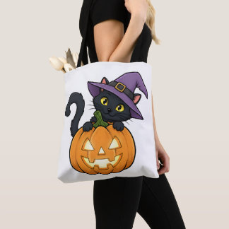 Adorable Witch Cat in a Jack-o'-lantern Tote Bag
