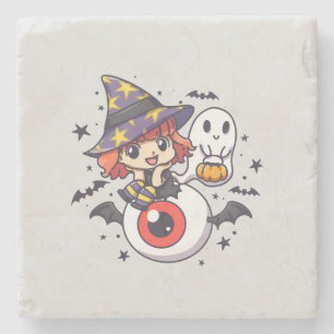 Adorable Witch Hat Kid on Mystical Eye Stone Coaster