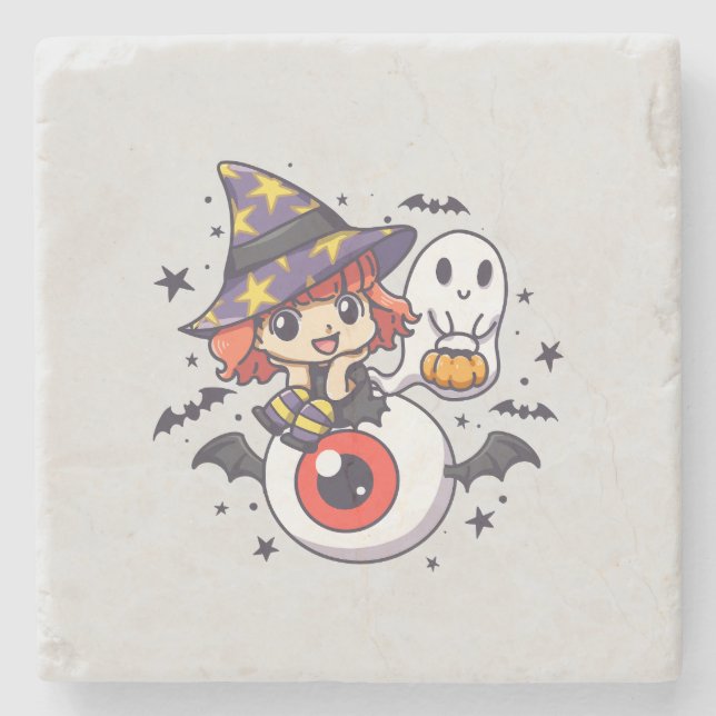 Adorable Witch Hat Kid on Mystical Eye Stone Coaster (Front)