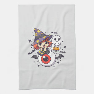 Adorable Witch Hat Kid on Mystical Eye Tea Towel