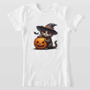 Adorable Witch Hat Kitten And Pumpkin 🎃 T-Shirt
