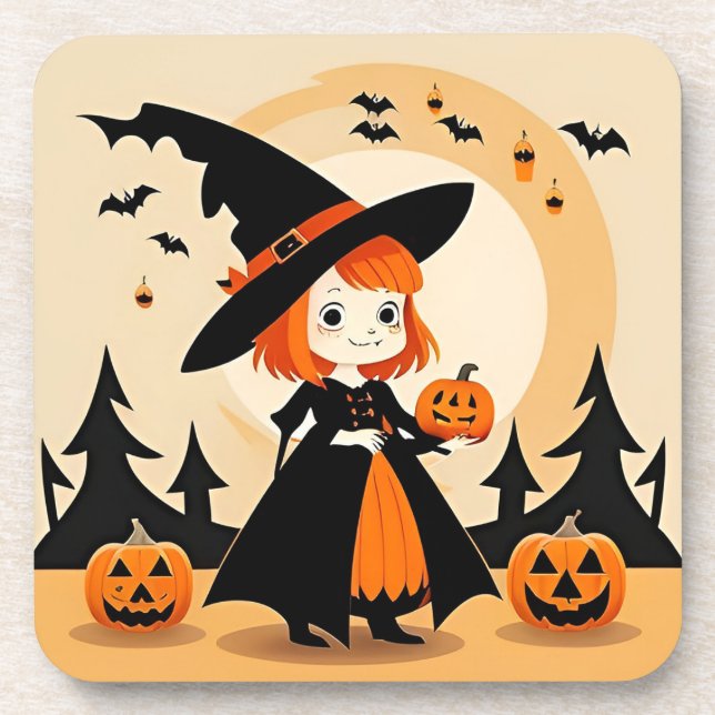 Adorable Witch Holding Pumpkin Coaster (Front)