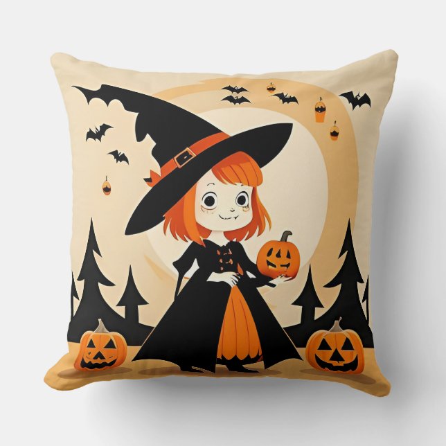 Adorable Witch Holding Pumpkin Cushion (Front)