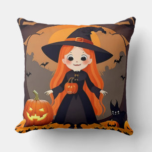 Adorable Witch in Halloween Setting with Pumpkins Cushion