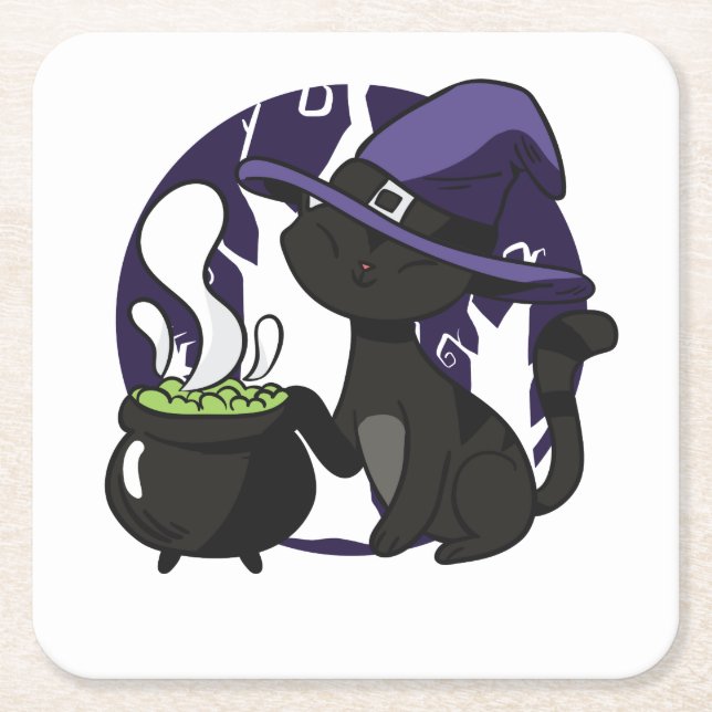Adorable Witches Black Cat Square Paper Coaster (Front)