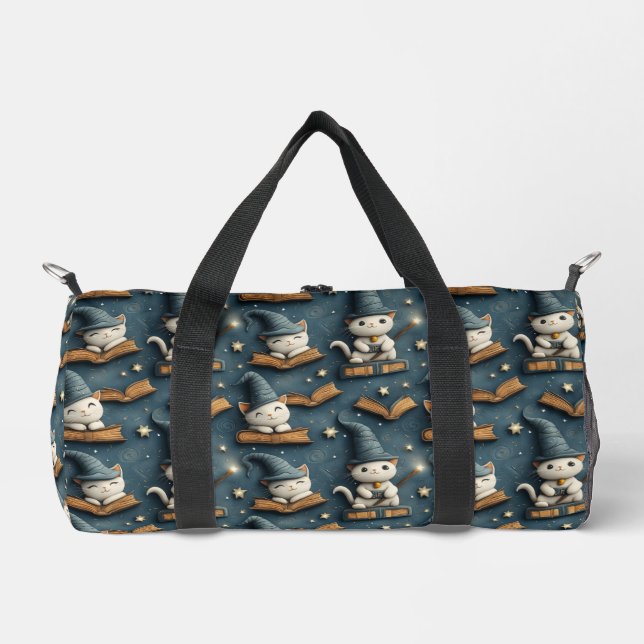Adorable Wizard Cat Pattern with Books and Stars  Duffle Bag (Front)