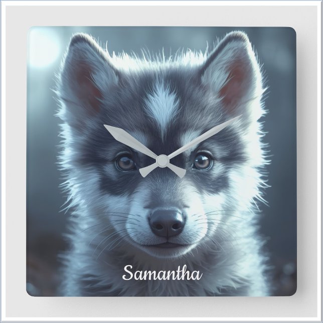 Adorable Wolf Baby in the Moonlight Square Wall Clock (Creator Uploaded)