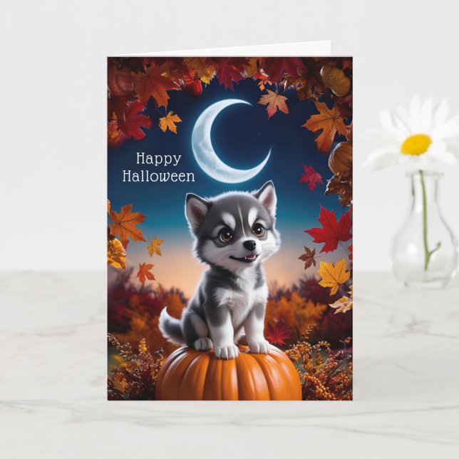 Adorable Wolf with Crescent Moon Halloween Art Card (Small Plant)