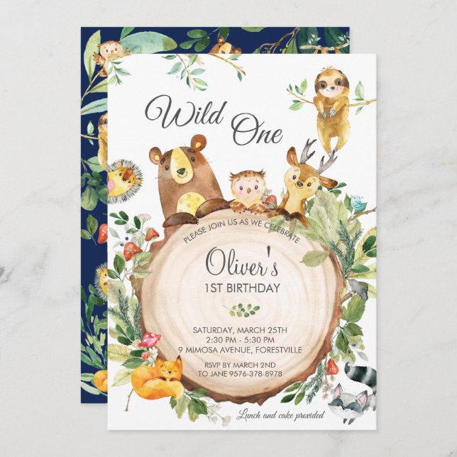 Adorable Woodland Animals 1st Birthday Wild One Invitation (Front/Back)