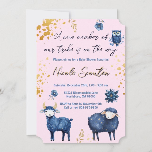 Adorable Woodland Animals Pink &  Navy Blue Galaxy Invitation (Front)