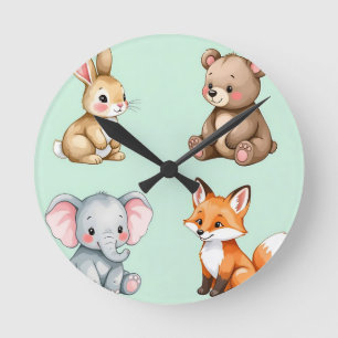 Adorable Woodland Baby Animals Pastel Watercolor Round Clock