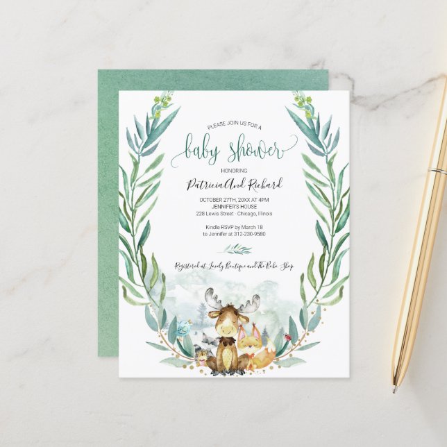 Adorable Woodland Baby Shower Budget Invitations (Front/Back In Situ)