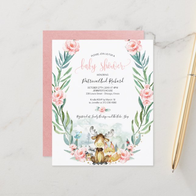 Adorable Woodland Baby Shower Budget Invitations (Front/Back In Situ)