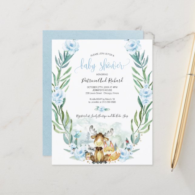 Adorable Woodland Baby Shower Budget Invitations (Front/Back In Situ)