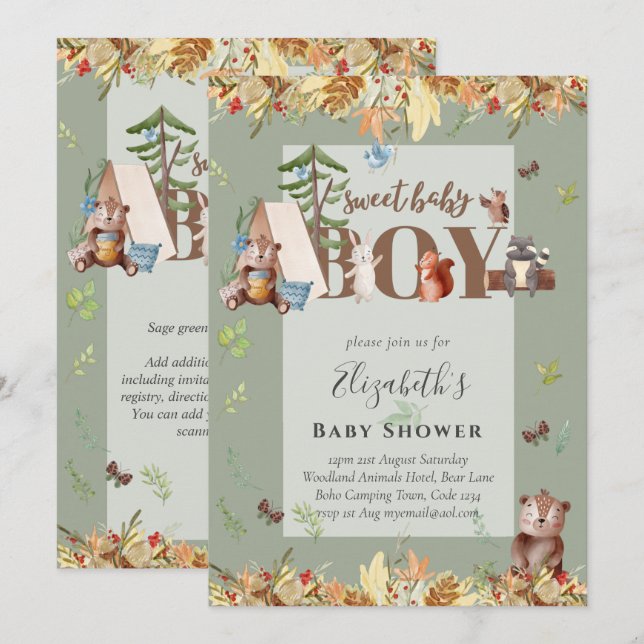 Adorable Woodland Bear Camping Boys Baby Shower In (Front/Back)