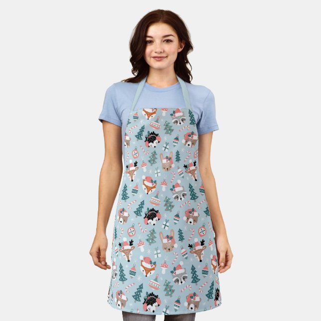 Adorable Woodland Christmas Animal Faces Pattern Apron (Worn)