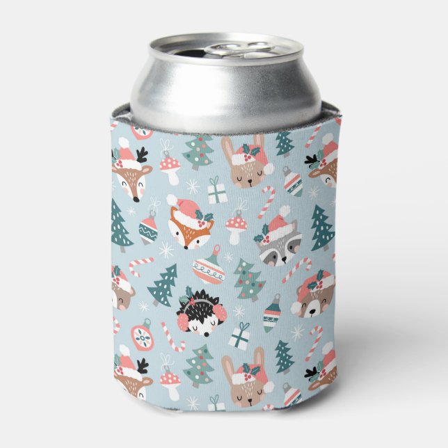 Adorable Woodland Christmas Animal Faces Pattern Can Cooler (Can Front)