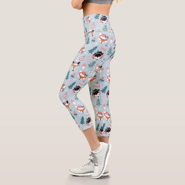 Adorable Woodland Christmas Animal Faces Pattern Capri Leggings (Left)