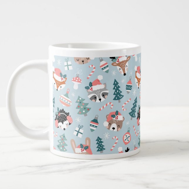 Adorable Woodland Christmas Animal Faces Pattern Large Coffee Mug (Left)