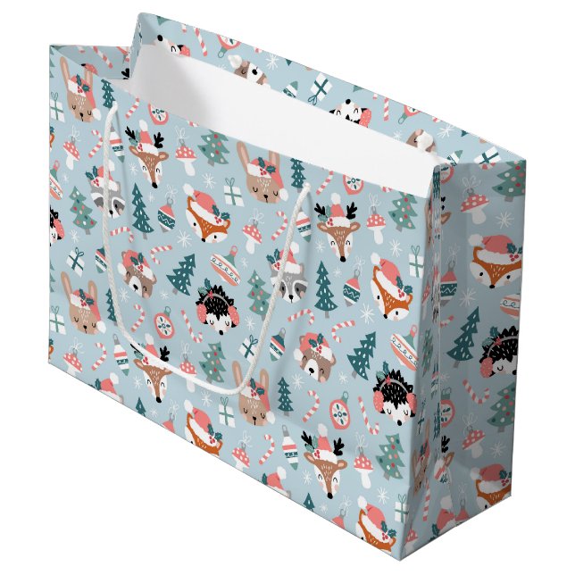 Adorable Woodland Christmas Animal Faces Pattern Large Gift Bag (Front Angled)