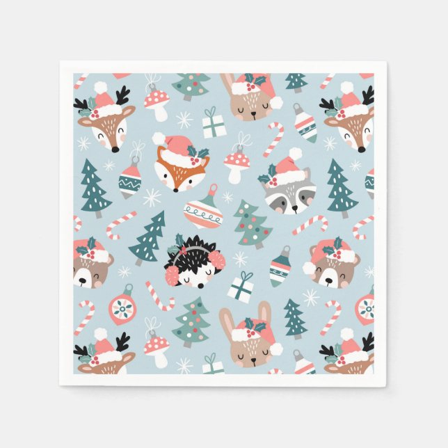 Adorable Woodland Christmas Animal Faces Pattern Napkin (Front)