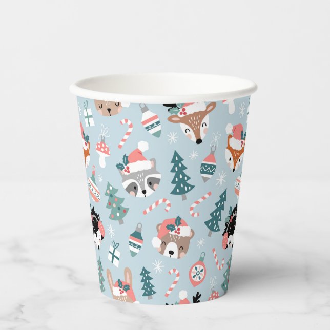 Adorable Woodland Christmas Animal Faces Pattern Paper Cups (Front)