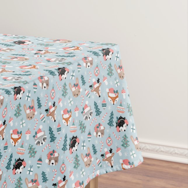 Adorable Woodland Christmas Animal Faces Pattern Tablecloth (In Situ)