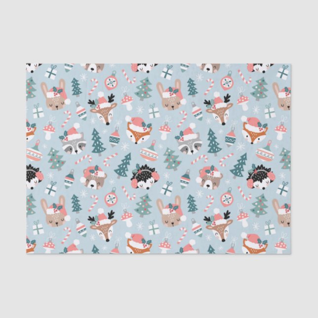 Adorable Woodland Christmas Animal Faces Pattern Tissue Paper (Front)