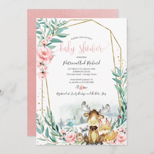 Adorable Woodland Floral Greenery Baby Shower Invitation (Front/Back)