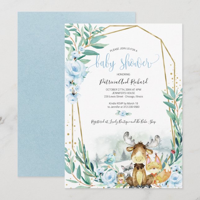 Adorable Woodland Floral Greenery Baby Shower Invitation (Front/Back)