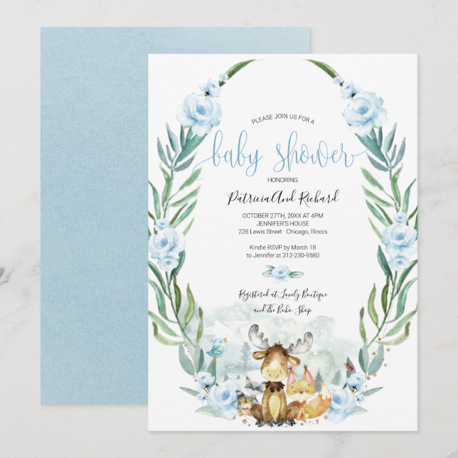 Adorable Woodland Floral Greenery Baby Shower Invitation (Front/Back)