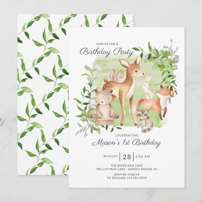 Adorable Woodland Friends Boys 1st Birthday Invitation (Front/Back)