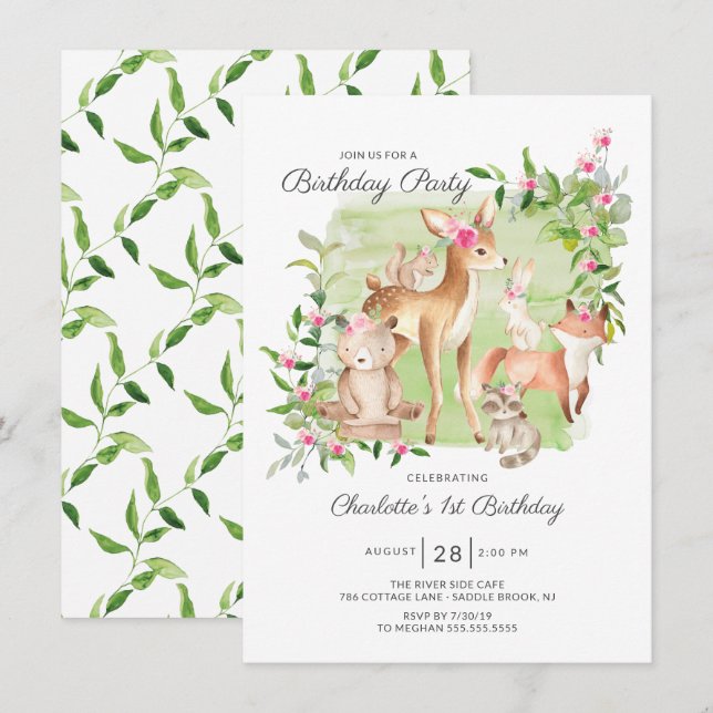 Adorable Woodland Friends Girls 1st Birthday Invitation (Front/Back)