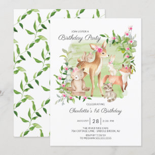 Adorable Woodland Friends Girls 1st Birthday Invitation