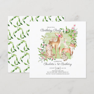 Adorable Woodland Friends Girls 1st Birthday Invitation