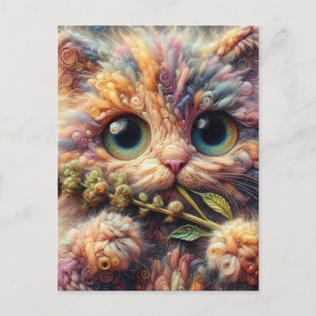 Adorable Wooly Cat With Catnip Postcard (Front)