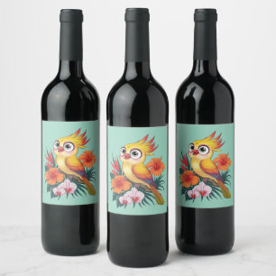 Adorable Yellow birds with flowers Wine Label