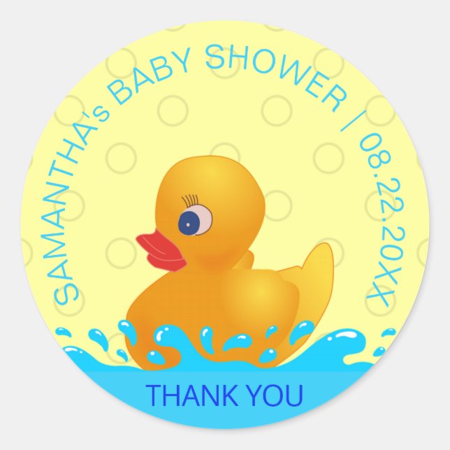 Adorable Yellow Blue Rubber Ducky Baby Shower Classic Round Sticker (Front)